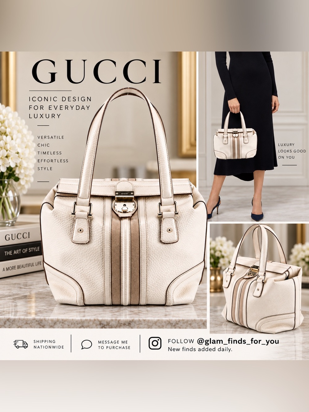 Vintage Gucci Treasure Boston Bag Cream Pebbled Leather Gold Hardware Y2K